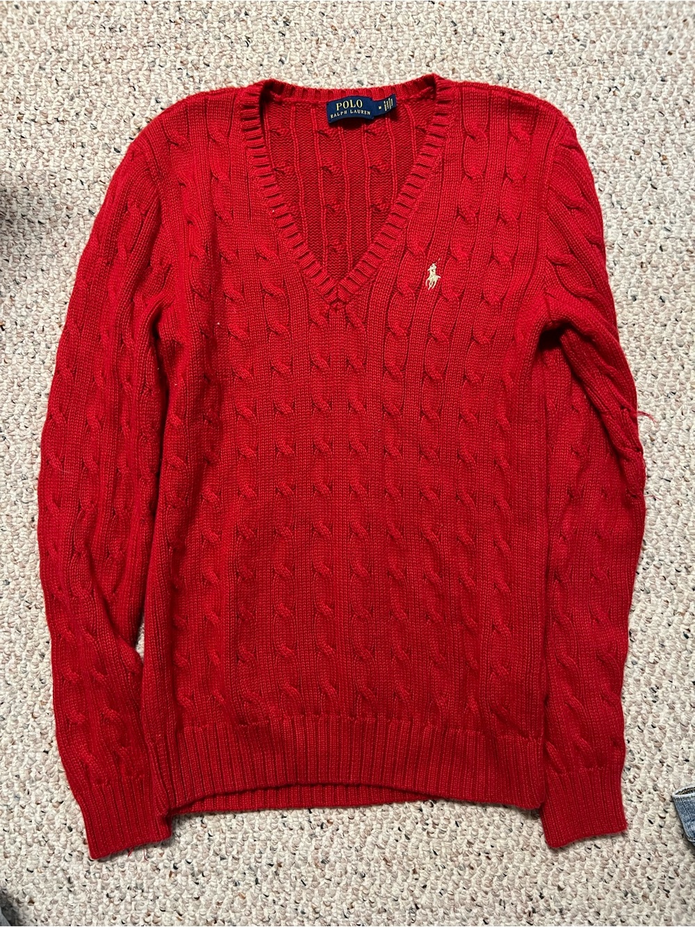 Polo by Ralph Lauren Red Cable-Knit V-Neck Sweater with Polo Pony
